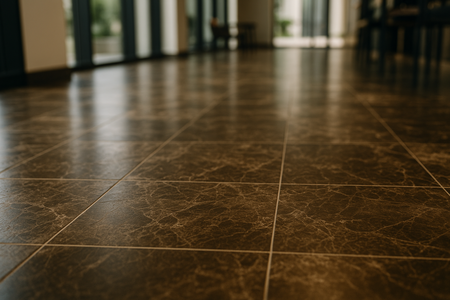 Brushed Emperador dark brown marble tiles on a commercial floor