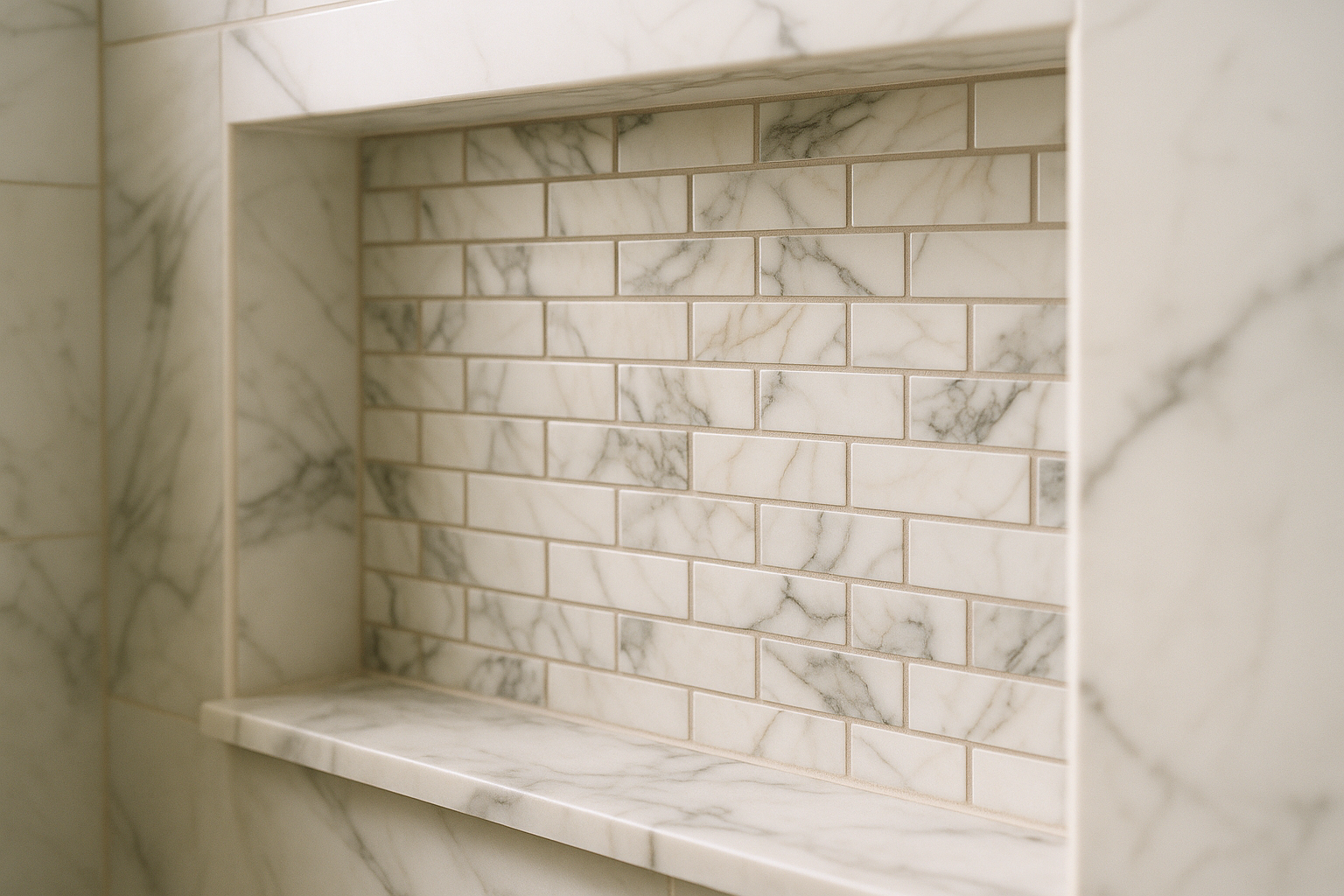 Calacatta marble mosaic tiles in a bathroom niche detail