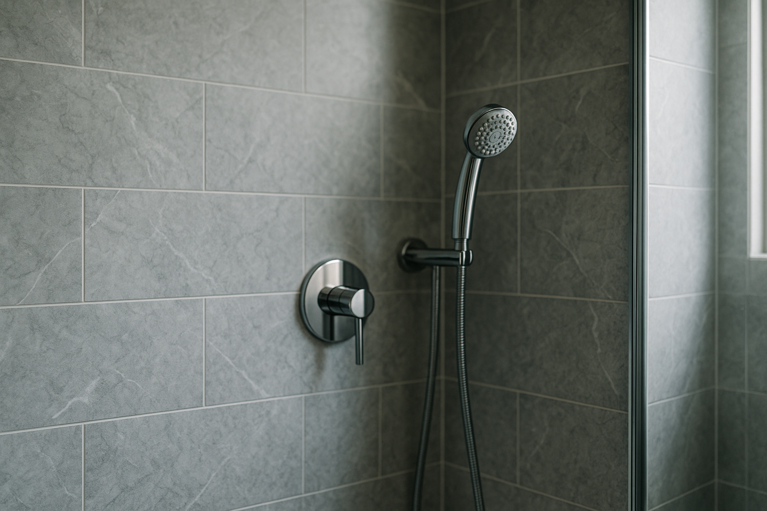 Honed grey marble wall tiles in a modern bathroom shower enclosure