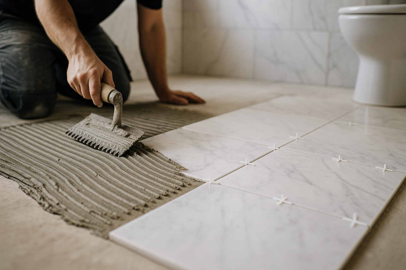 Marble tile installation showing adhesive bed preparation and tile spacing on a bathroom floor