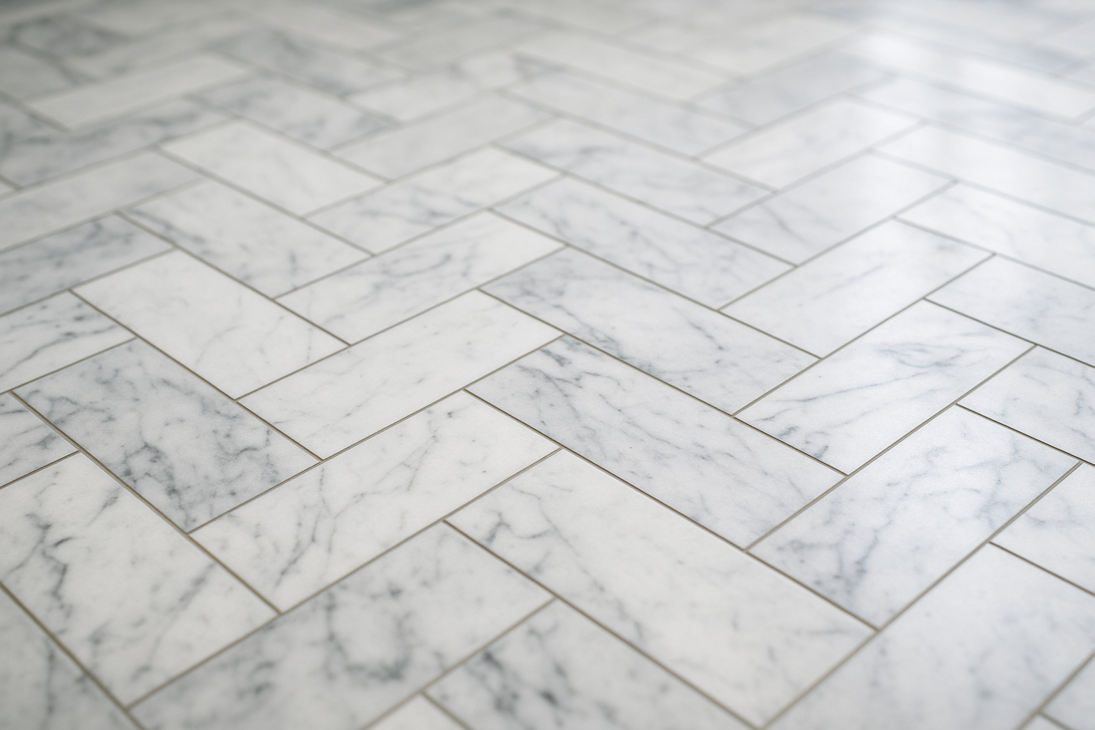 Polished Carrara white marble floor tiles laid in a herringbone pattern