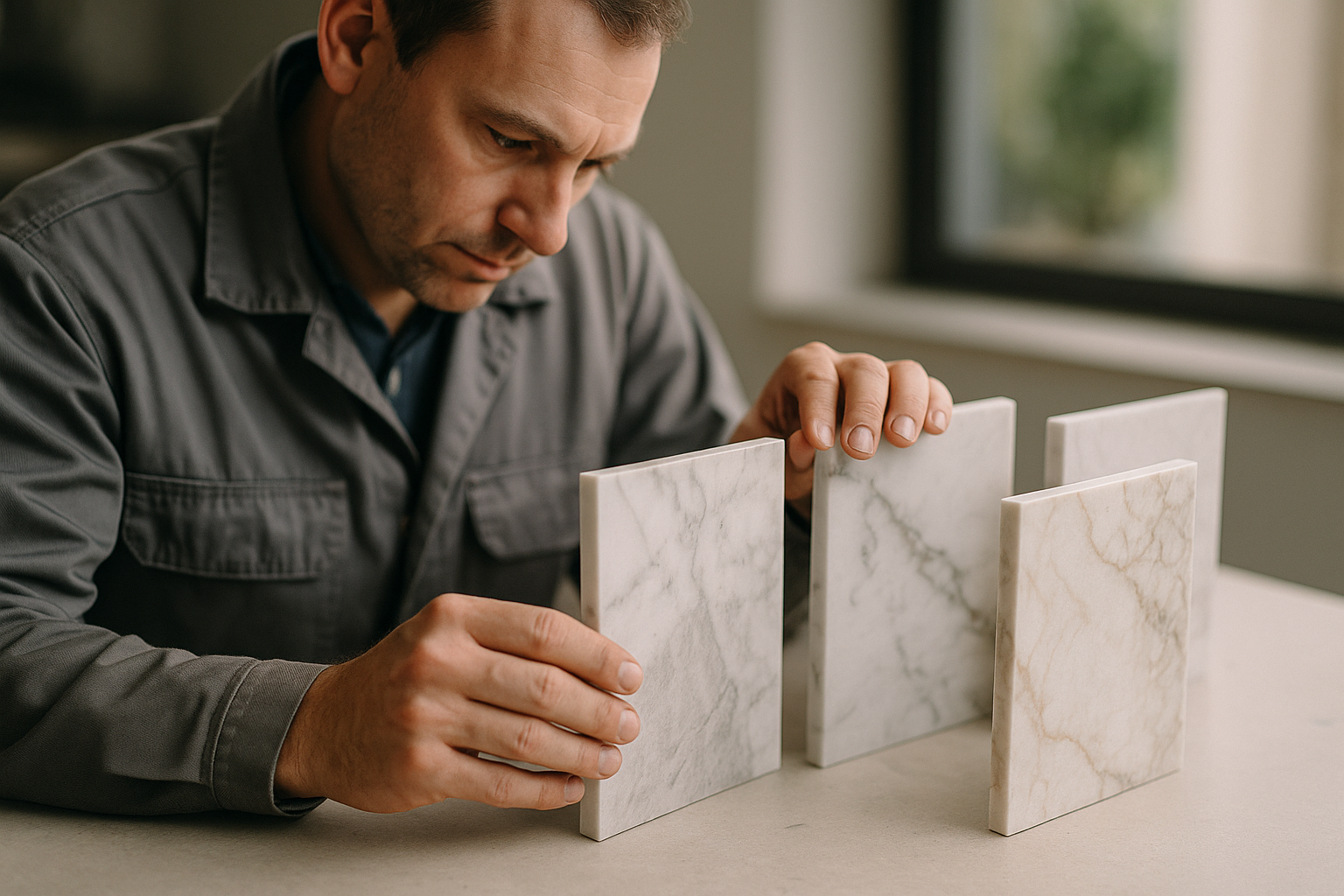 Stone specialist examining marble tile samples showing different finishes and veining patterns