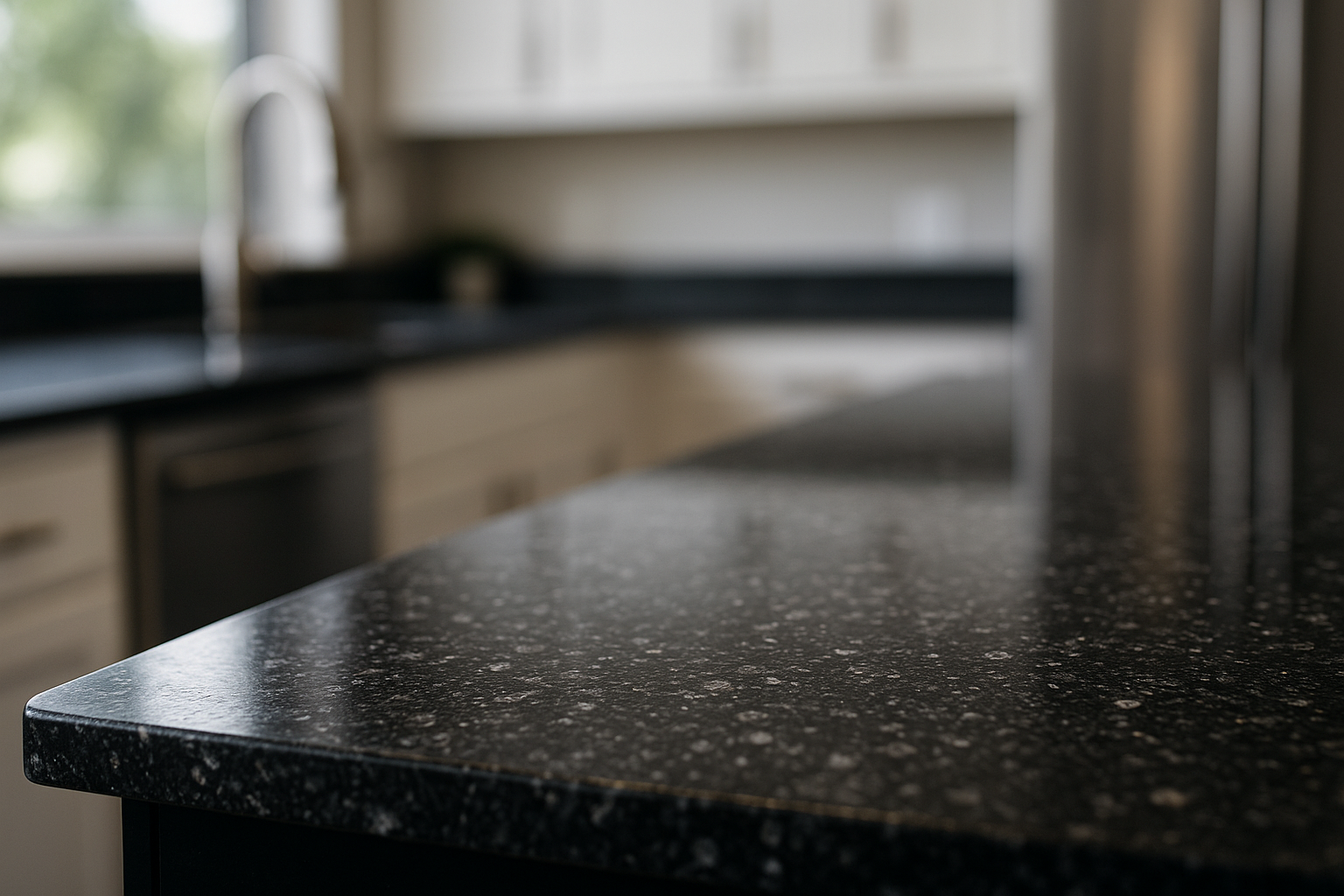 Close-up of a polished black granite kitchen countertop with visible mineral crystals