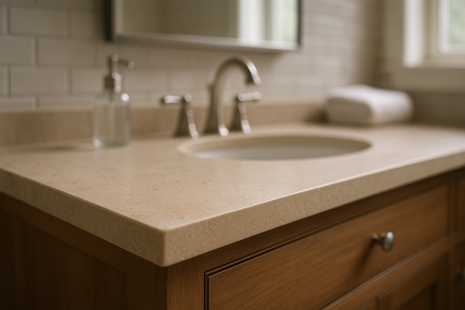 Honed limestone countertop in warm beige tone fitted in a bathroom vanity unit