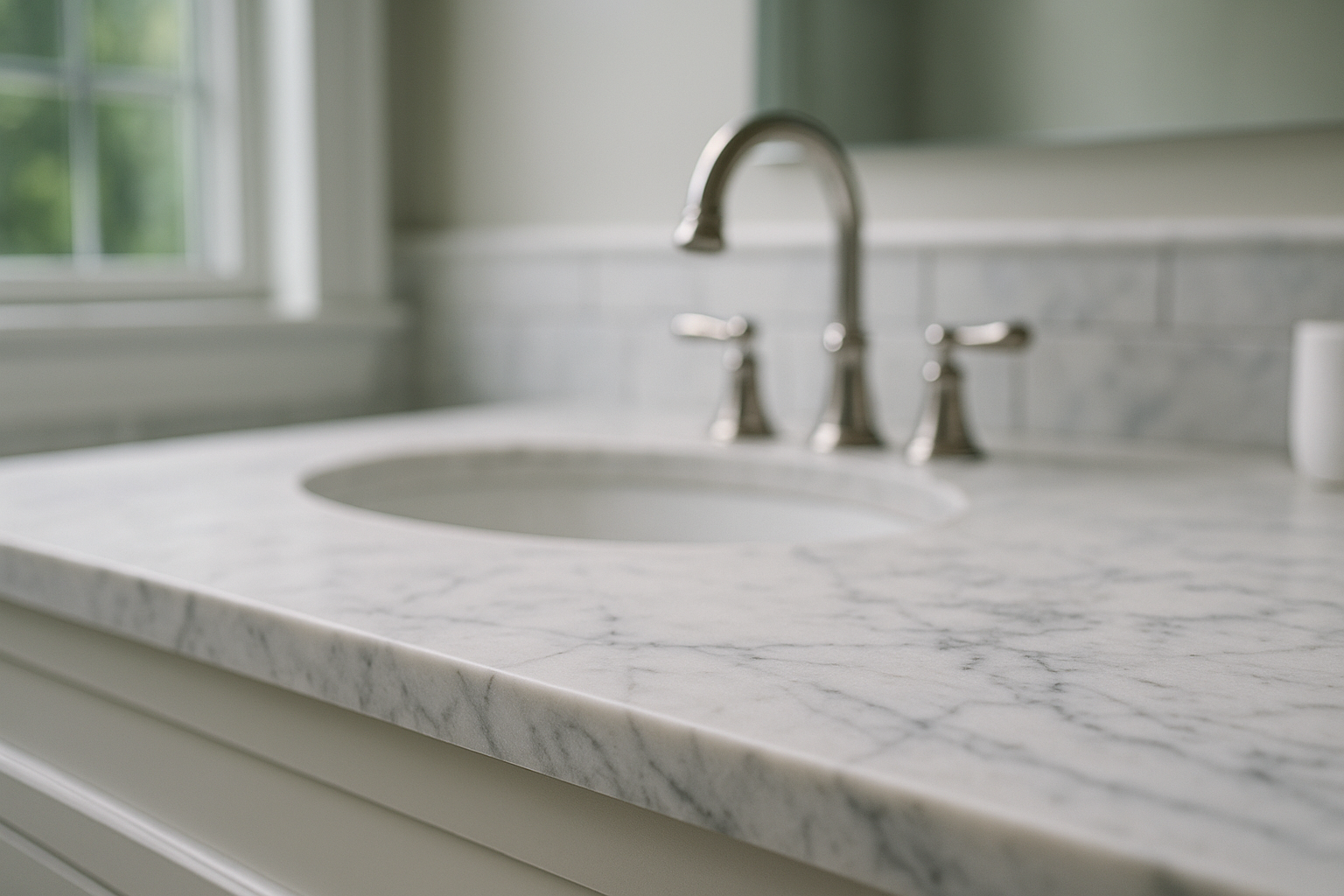 Honed white Carrara marble bathroom countertop with grey veining