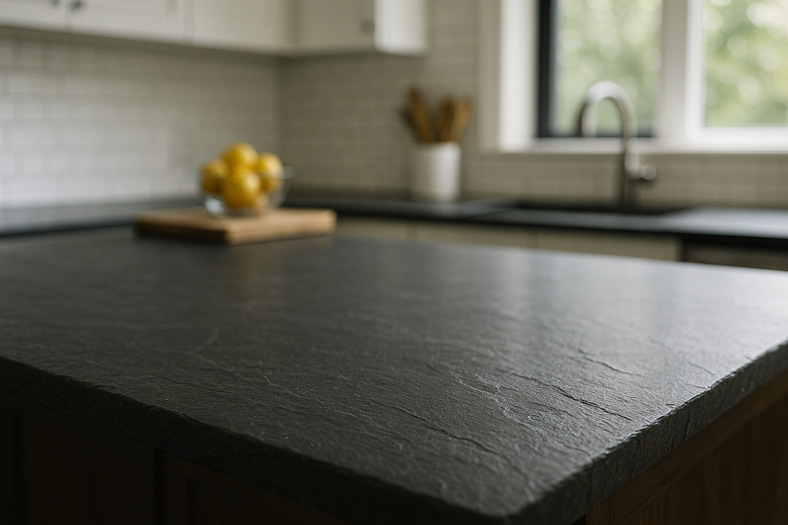 Natural slate countertop in dark charcoal finish used as a kitchen worktop