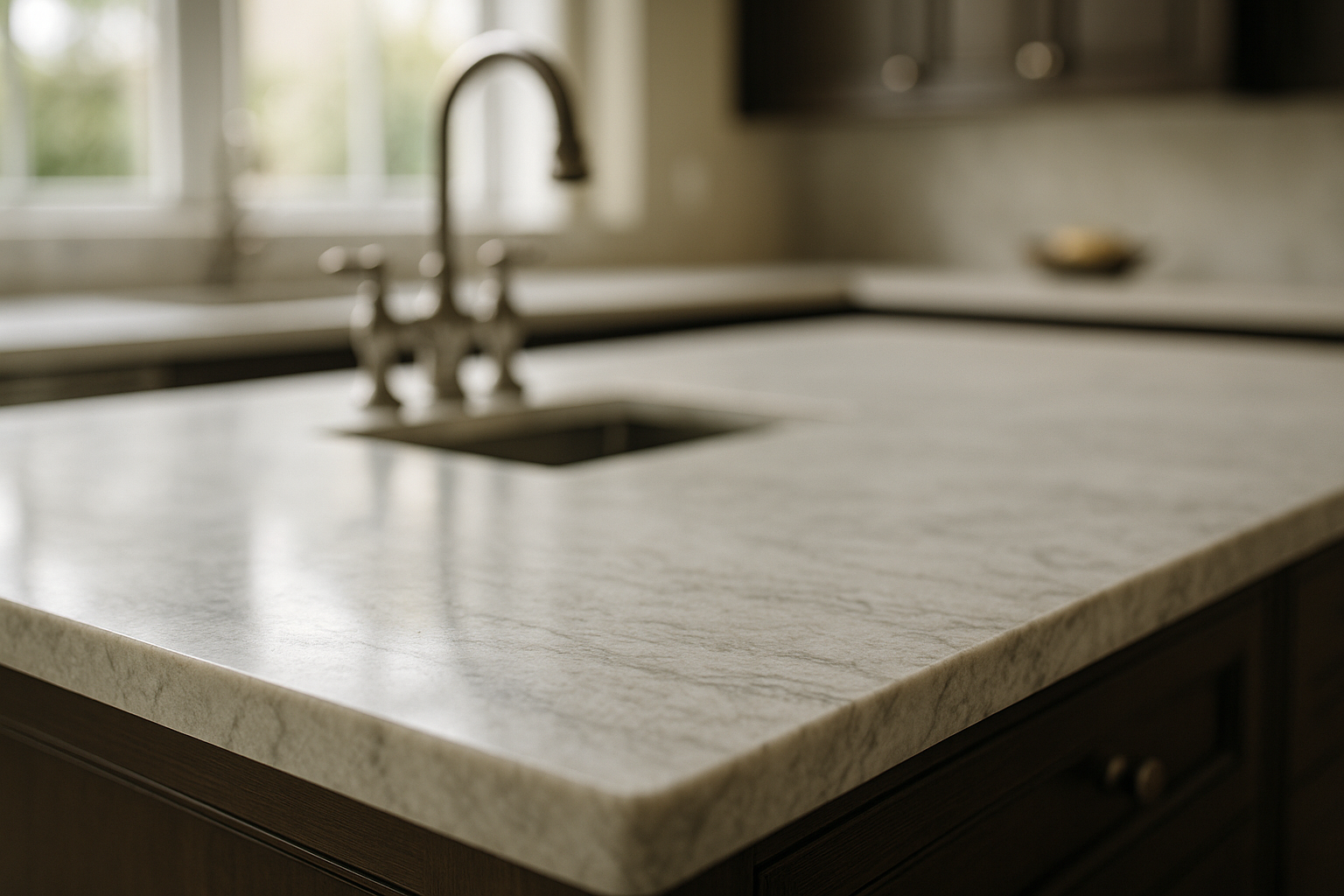 Quartzite worktop surface in soft grey-white tone fitted in a luxury kitchen island