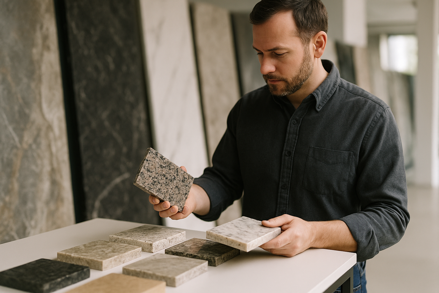 Stone specialist reviewing granite and marble slab samples in a natural stone showroom